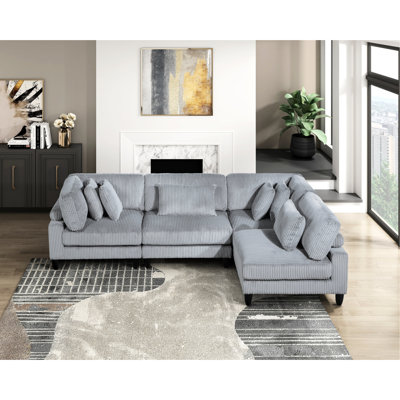 4 modulaires en velours côtelé gris, pieds en bois massif, housses de coussins à fermeture à glissière, salon contemporain pour la maison 4 avec pieds de construction