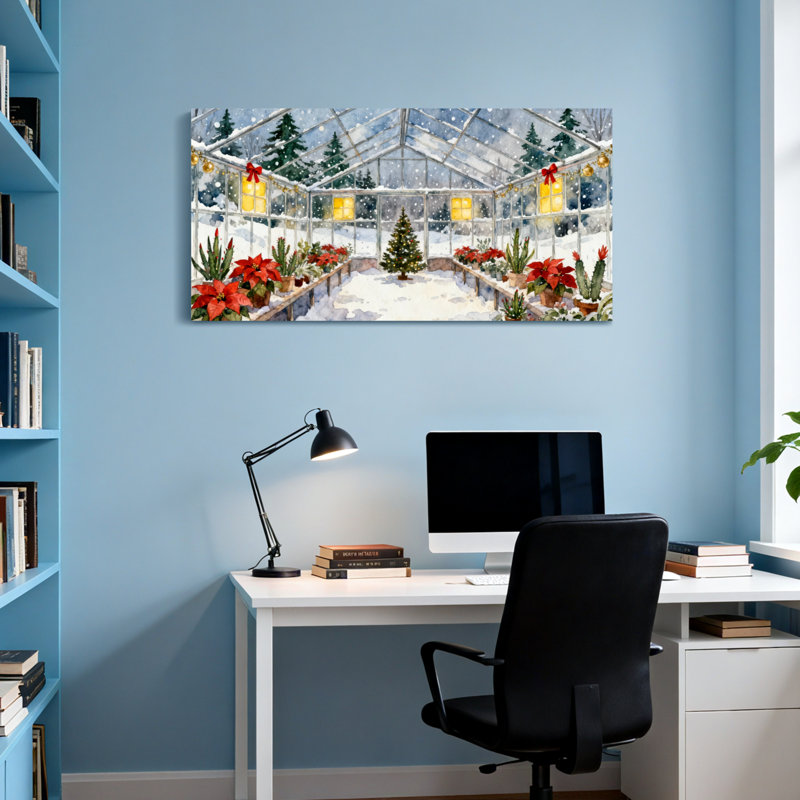Scène de Noël avec serre et poinsettias, H 24 po x l 48 po