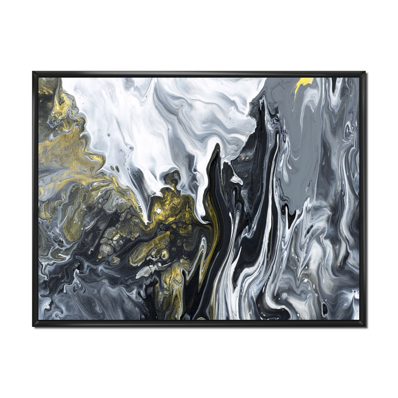 Jaune jaune et noir liquide Art Waves I - peinture sur toile, H 12 po x l 20 po, Toile à cadre flottant noir