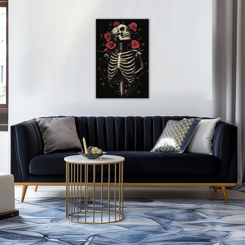 Gothic Skull Wall Art Skeleton and Roses Canvas Pictures Print Vibrant Dark Art Decor for Bedroom Living Room Bathroom(12"x18")