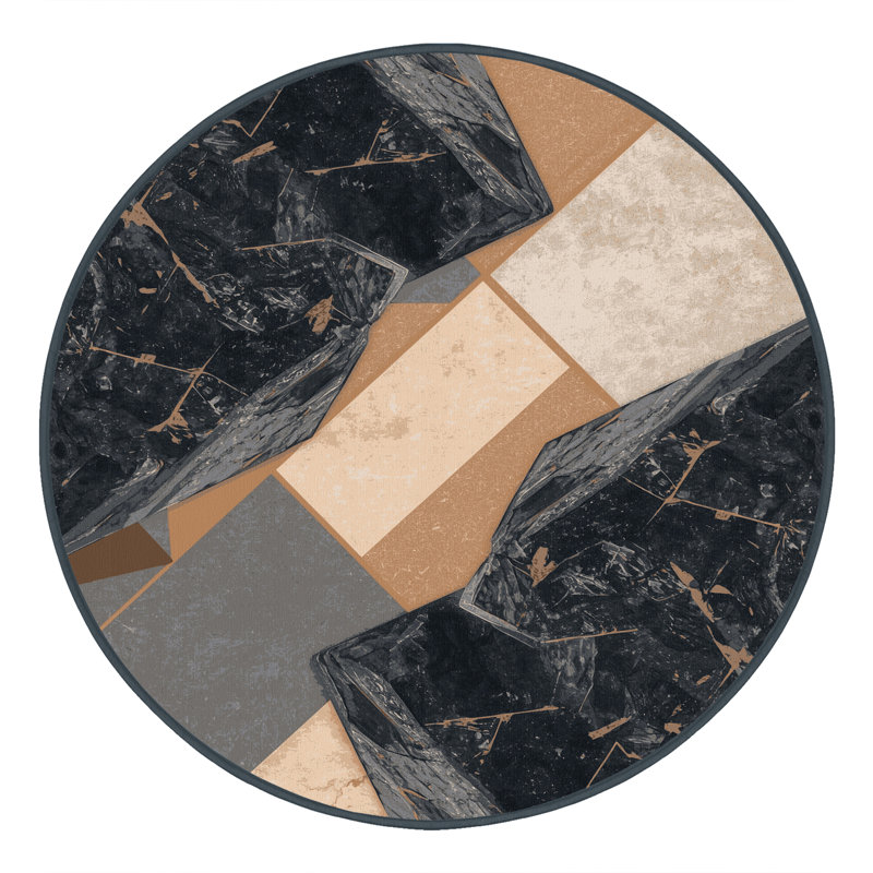Machine Washable Carlstadt Modern Rustic Geometric Rug in Black – Black Binding, 8' Round
