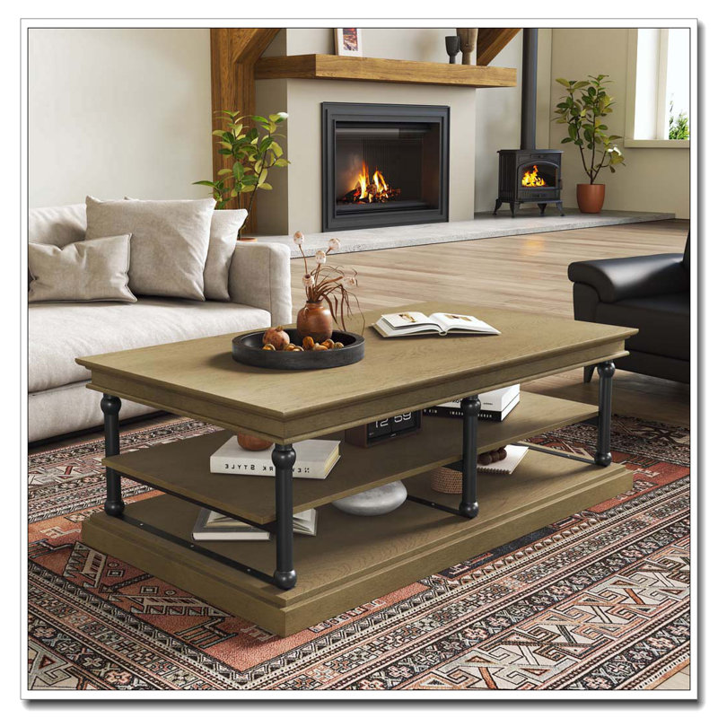 Table basse en bois 55,1 "avec pieds noirs, 2 tablettes de rangement ouvertes, Brun, Noir brun