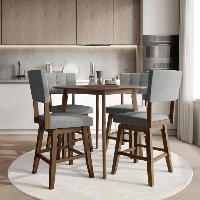 5-Piece Counter-Height Round Dining Set with Tufted Swivel Chairs, Grey, Grey