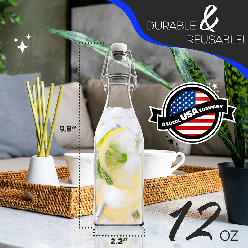  Ensemble de 12 bouteilles carrées en verre 12 oz | Comprend un entonnoir, une brosse et un marqueur