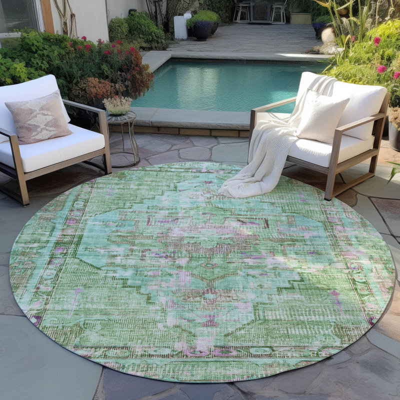 Machine Washable Indoor/Outdoor Xhevrie Aloe Rug, Round 8'