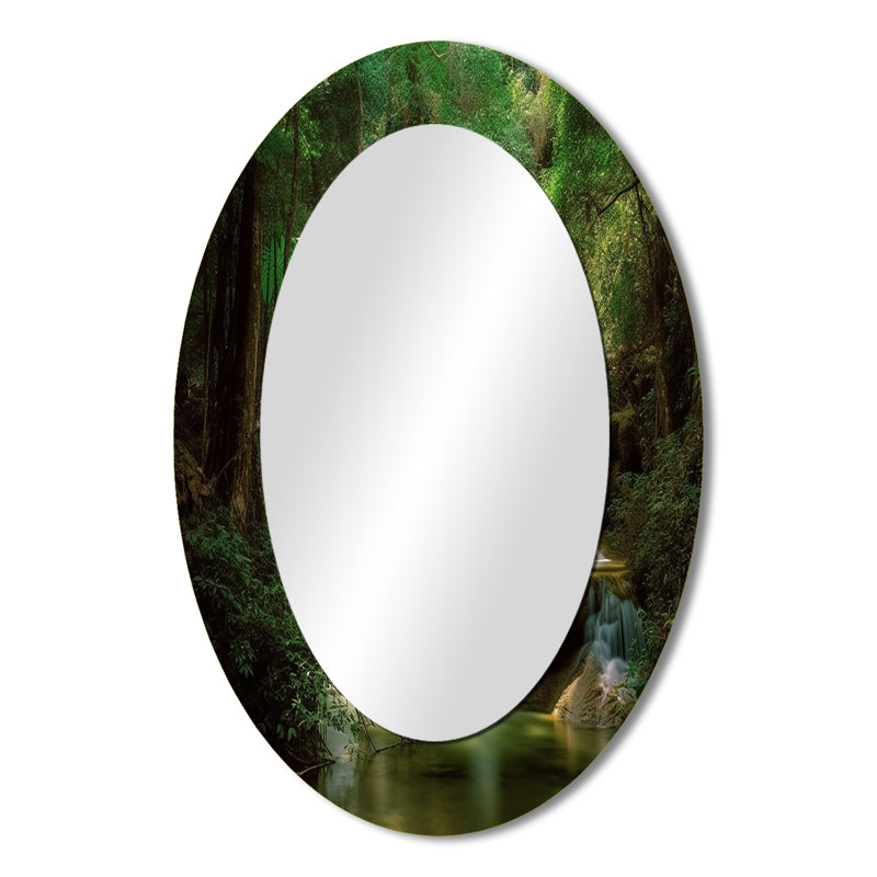 Waterfall In Dense Forest I - Large Oval Wall Mirror On Metal, 36" x 24"