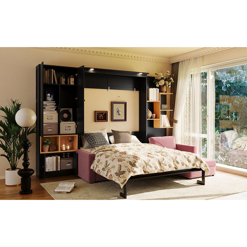 Grand lit intelligent avec grand, rangement et lumières montées sur le dessus, noir et rose pour les espaces multifonctionnels avec tablettes ouvertes, double bureau personnel