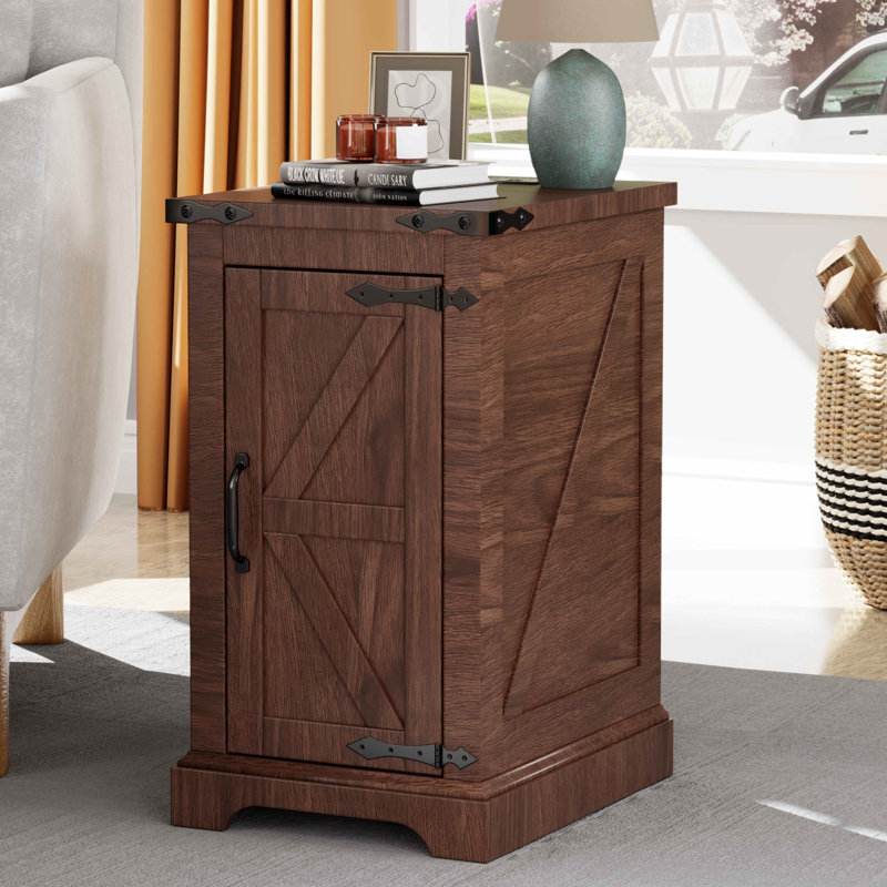 Farmhouse End Table With Charging Station (2 USB Ports, 2 Power Outlets), Wood Nightstand With Adjustable Shelf And Built-In Outlets