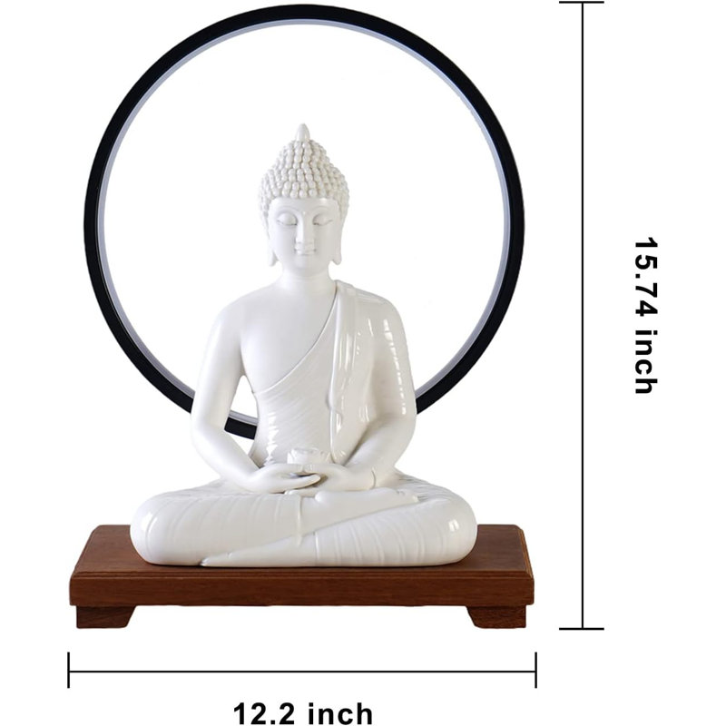 12" Serene White Buddha Statue With LED Circle Table Lamp - Indoor Ceramic Meditation Décor