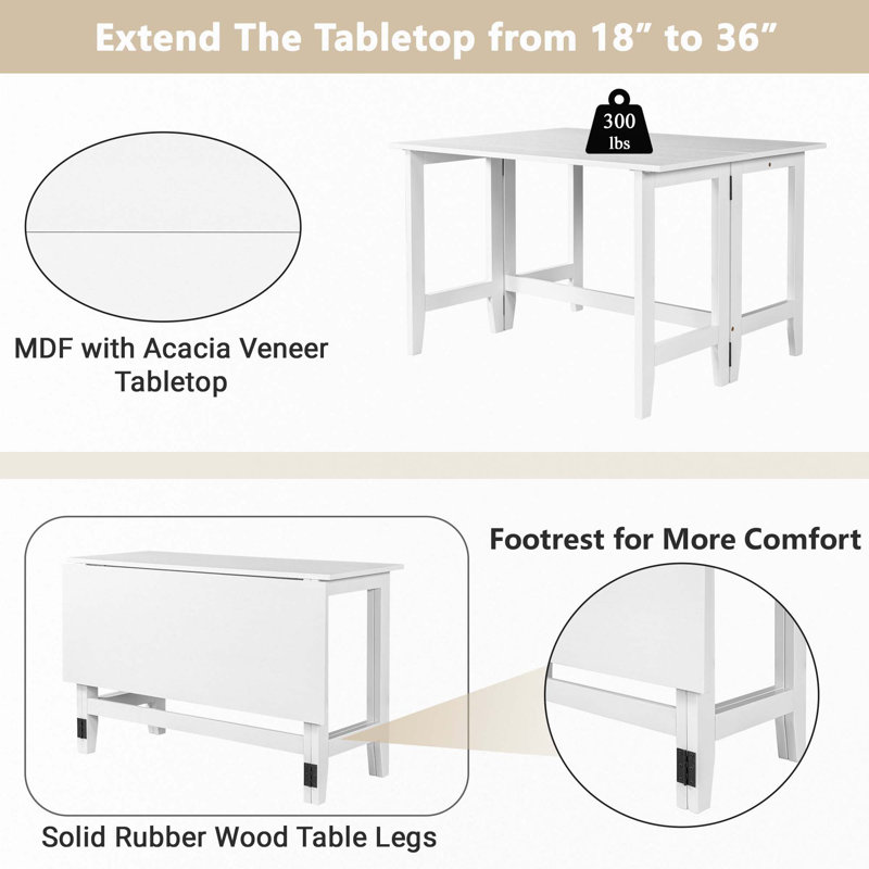 Farmhouse Wood Extendable Dining Table With Drop Leaf (Only Table), White