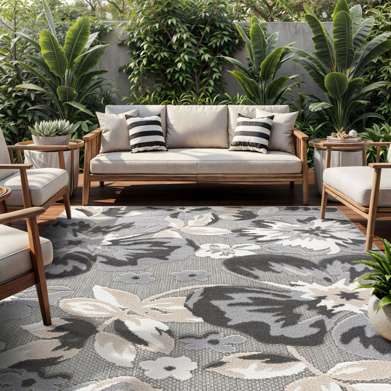 Tapis floral intérieur / extérieur gris, Rectangle 12 pi x 15 pi