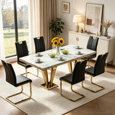 Modern 68“ Dining Table Set, Faux Marble Dining Room Table Set, Rectangle Kitchen Table Set with Leather Dining Chairs for Kitchen Dining Living Room