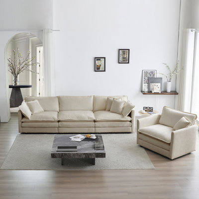 Canapé modulaire 1 + 3 places en chenille beige: revêtu de tissu et d'éponge: 2 pour un salon relaxant
