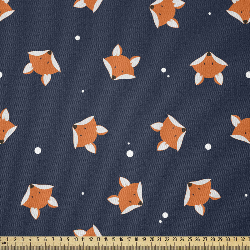 Tissu renard au bord, motif de petits animaux de la forêt orange sur fond bleu à pois abstraits, l 36 po x L 108 po