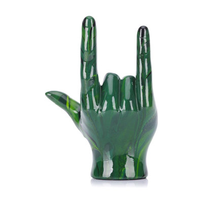 Emerald Green Hand Gesture Statue, Modern Love, Peace & Rock Sign Decor