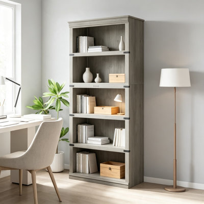 Farmhouse Tall Bookcase with Storage, Wooden Bookshelf with Five Display Shelves for Living Room, Home Office, Bedroom, Rustic Style