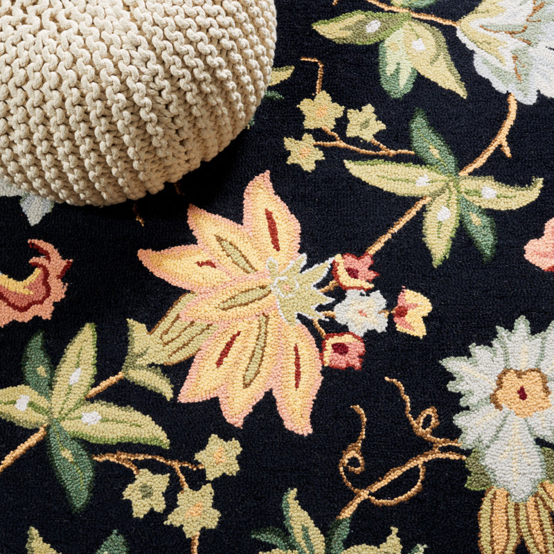 Tapis noir en laine bouclé / crocheté à la main Hollander, Tapis de couloir 2 pi 6 po x 8 pi