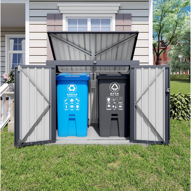 Metal Outdoor Storage Shed, Waterproof Enclosure for Dual Waste Bins, Compact Outdoor Trash Storage Cabinet with Multi-Purpose Design, Durable Outdoor Waste Bin and Small Generator Storage Unit for Garden and Yard
