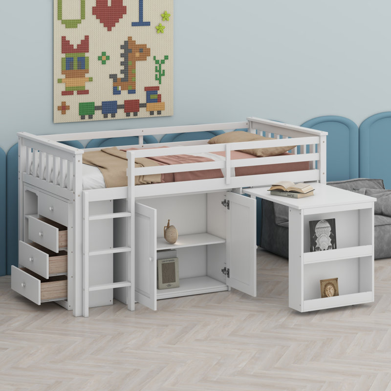 Lit mezzanine avec armoire de rangement, armoire à tiroirs et tablettes et bureau coulissant, barrière de sécurité, Blanc