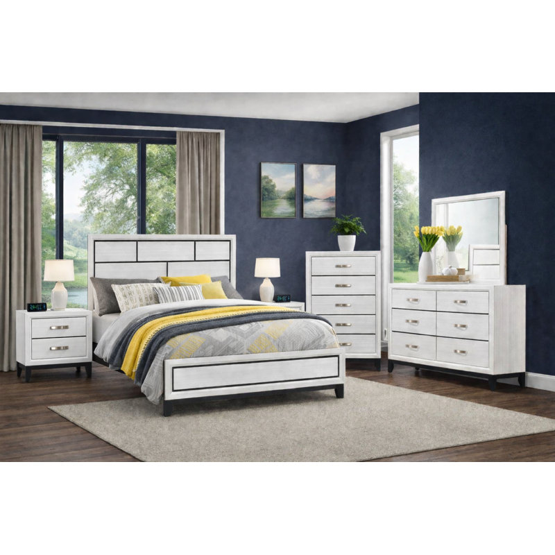 Ensemble de chambre à coucher à panneau moderne avec finition craie, 6 Piece, Twin