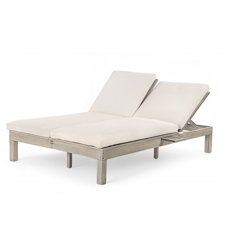 Outdoor 5-Position Adjustable Backrest Double Chaise Lounge, Outdoor Chaise Lounge With Cushion And Folding Side Trays, Gray