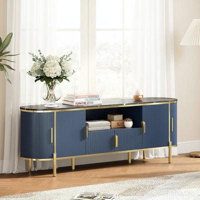 Meuble télé cannelé de 70 po pour téléviseur de 80 po ou moins, meuble télé en bois avec tablettes réglables en faux marbre et portes coulissantes à profil courbé pour le salon