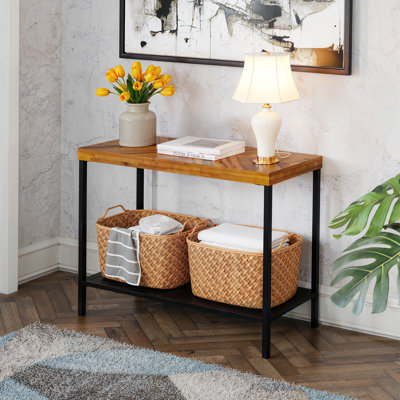 Console Vivian sans tiroir - brun doré rustique avec plateau en bois à chevrons et pieds en fer