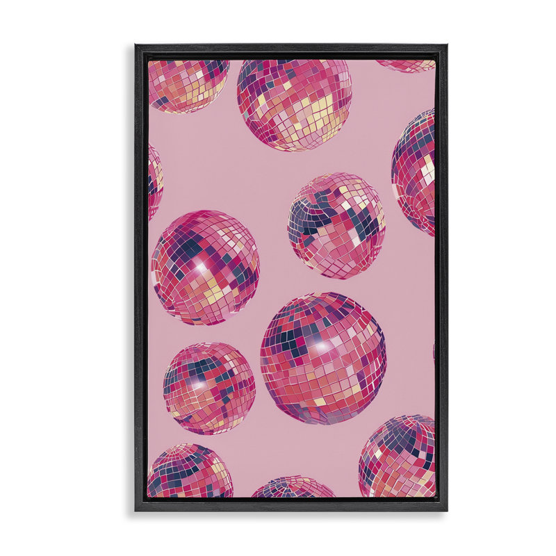 Vivid Pink Disco Pattern Floating Frame, design by LSR Design Studio, Jet Black Floater Frame, 25" H x 17" W