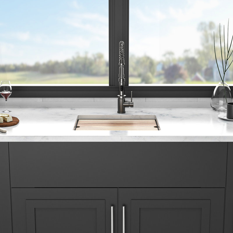 Black 21X18" Workstation Kitchen Sink Undermount, Fine - Grade Quartz Composite, Thick Strong And Quiet With Vibration Elimination, Non Scratch Hard Surface, Rounded Corners For Easy Wipe Down,