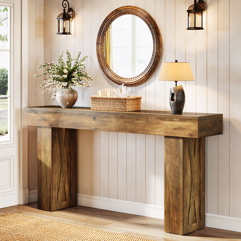 63-Inch Rustic Brown Wooden Console Table with Storage