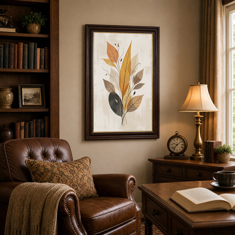 Tableau mural sur toile à fond beige texturé, feuilles orange et brunes, H 18 po x l 12 po