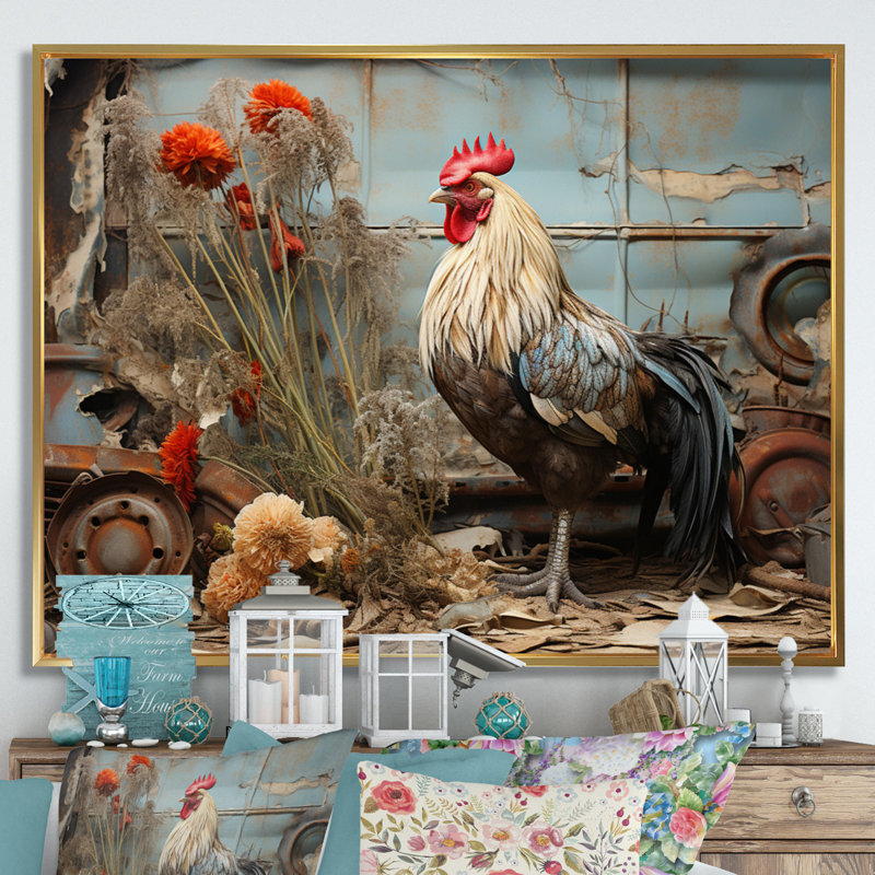 Poulet Barnyard Serenade - Reproduction d'art mural animaux, H 34 po x l 44 po x P 1,5 po, Cadre flottant doré