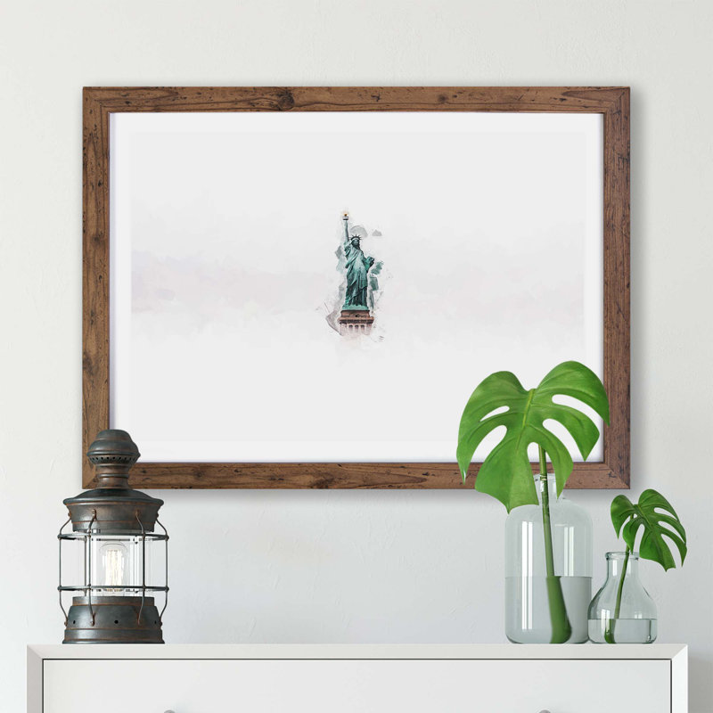 Statue Of Liberty In New York City - Single Picture Frame Print, 24cm H x 33cm W x 2cm D, Walnut