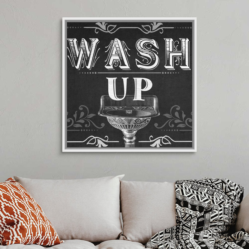 «Chalkboard Bath Signs III», reproduction d'impression sur toile, Cadre flottant blanc, H 37,7 po x l 37,7 po x P 1,75 po