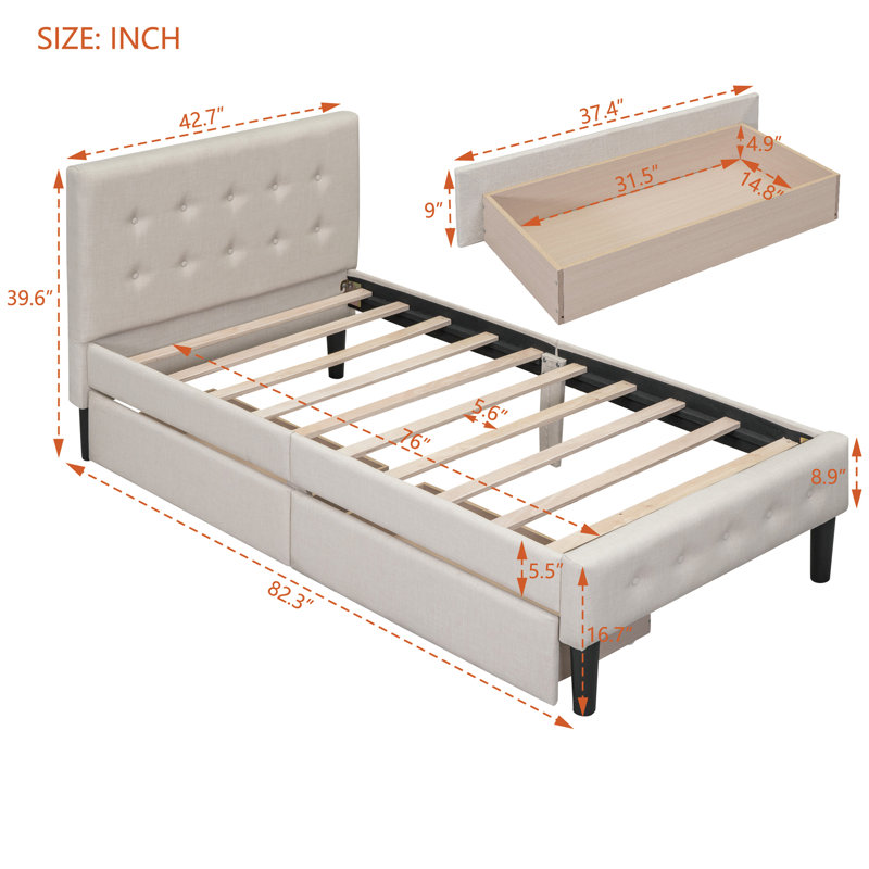 Twin Size Upholstered Platform Bed Frame with 2 Drawers, Beige