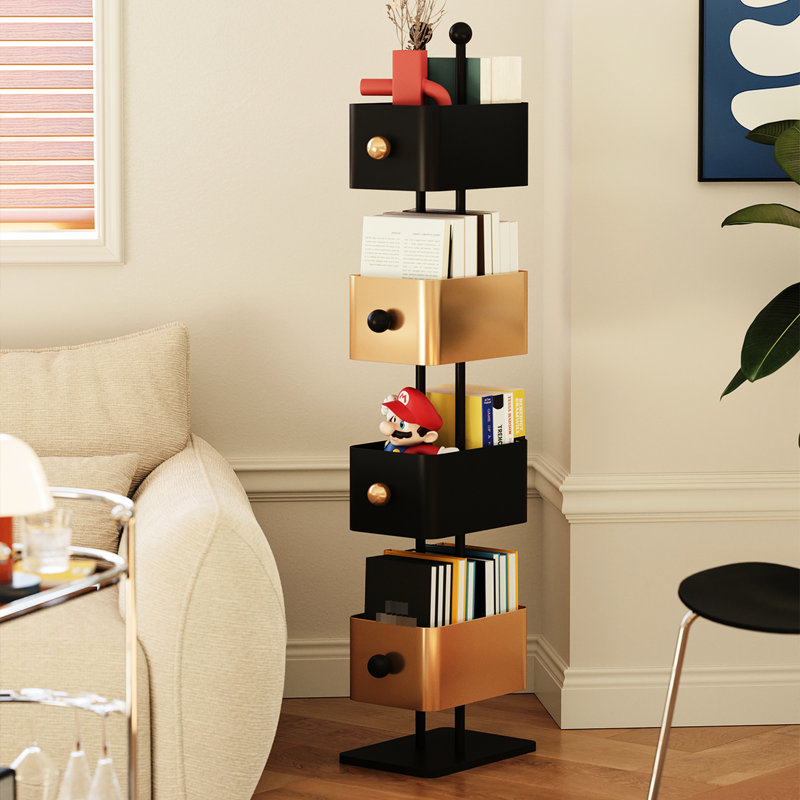 Bibliothèque décontractée de style boîte en métal colorée avec 4 tablettes verticales cubiques, dossier fermé, angle de 90 pour le coin, occupant un espace minimal, espace de vie principal idéal