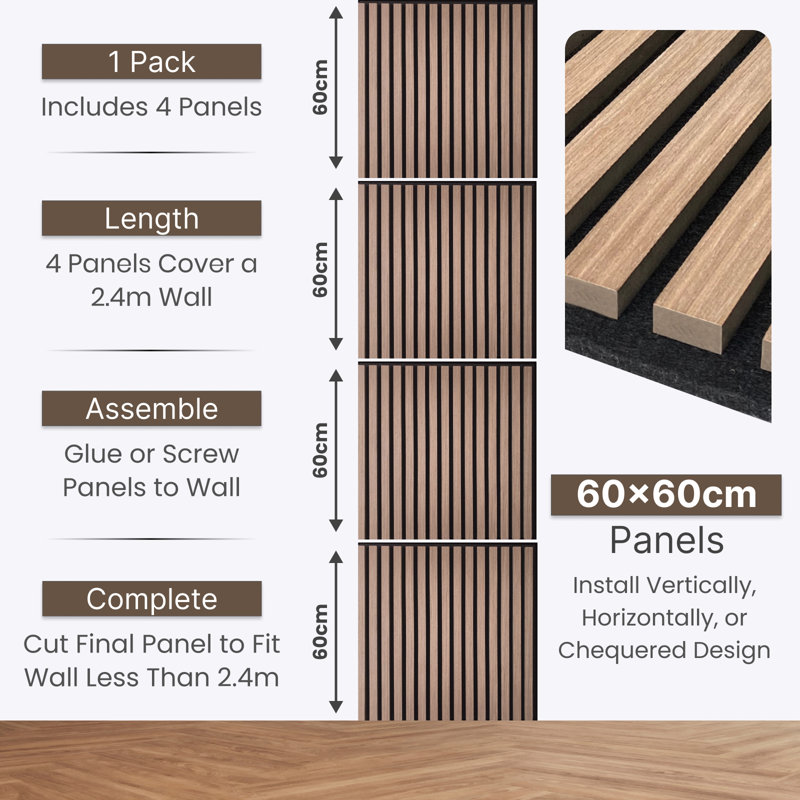 Mehreen 60 cm x 60 cm 3D Wall Panel (4-pack), Walnut