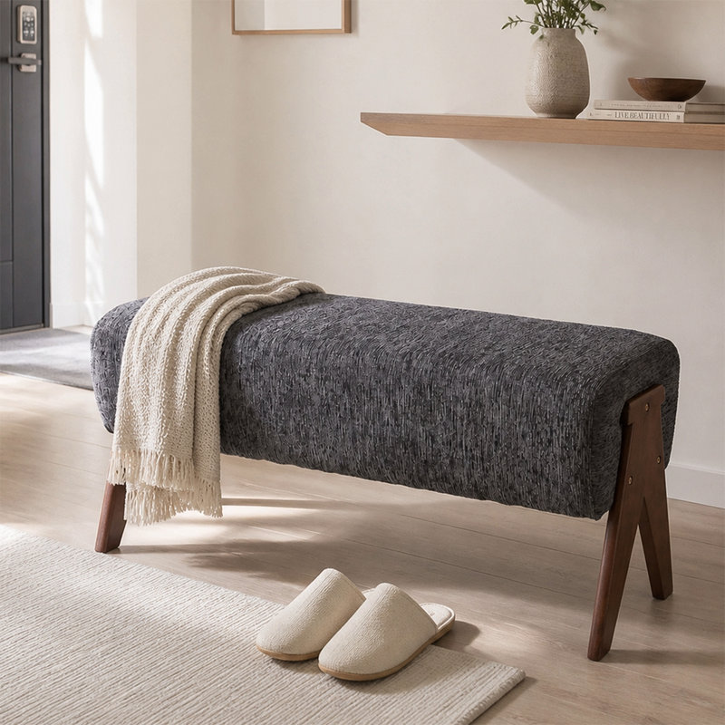 Banc décoratif moderne en tissu Sherwin, tabouret de hall d'entrée ergonomique rembourré, avec des pieds en bois massif, convient aux couloirs, aux chambres et aux salons.