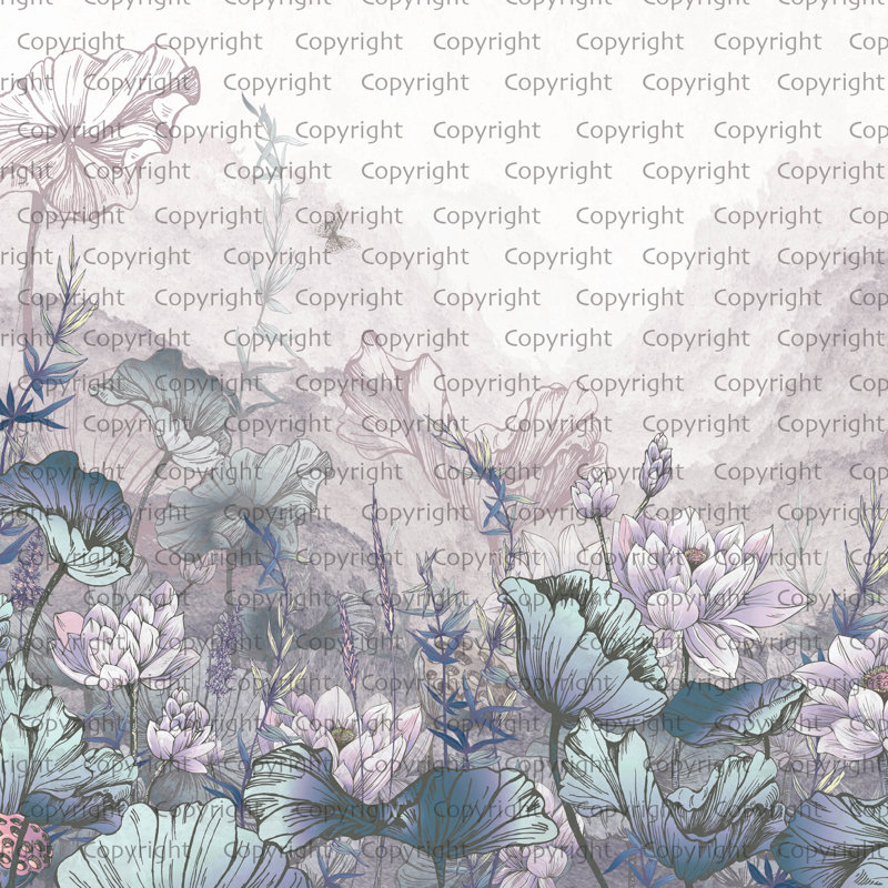 Étang de lotus tranquille, papier peint botanique doux, L 117,96 po x l 225 po, Bleu
