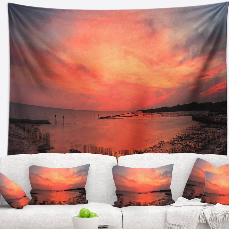 Paysage marin exceptionnel de coucher de soleil en tapisserie de mer, H 50 po x l 60 po