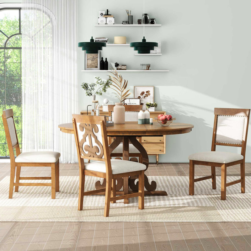 5 ensembles de salle à manger - table ovale extensible et 4 chaises rembourrées, Blanc/noyer
