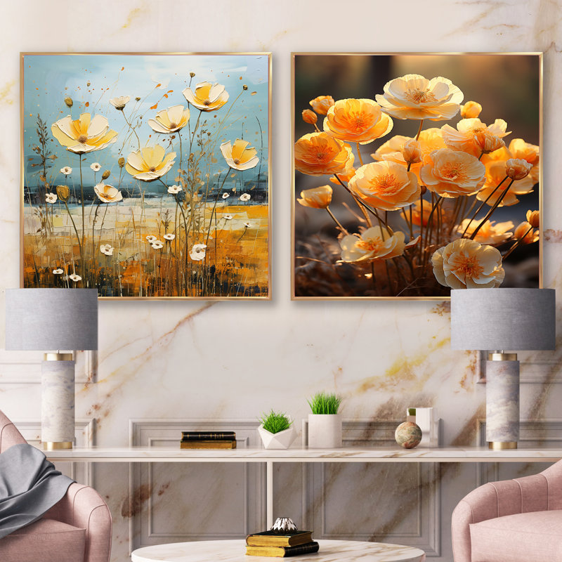 Buttercups jaune, pêche, noir et blanc - ensemble de 2 collages floraux carrés, H 16 po x l 33 po, Cadre flottant doré