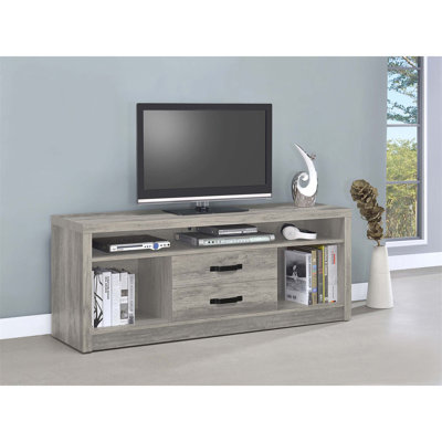 2-Drawer Engineered Wood TV Stand with Weathered Finish, Ideal for Organizing and Complementing Various Furniture Styles