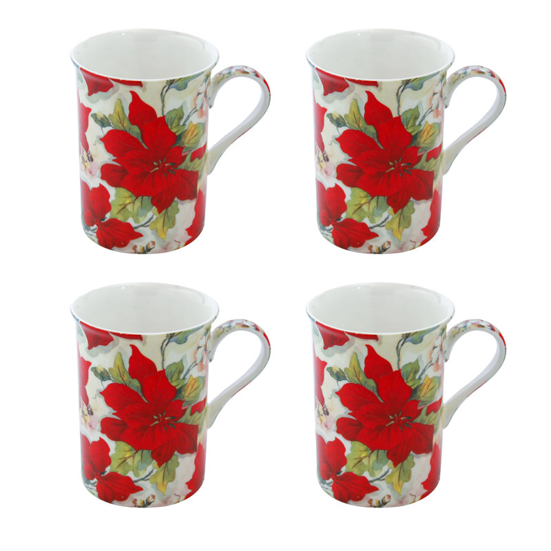 Grande tasse à porcelaine en os Poinsettia, ensemble de 4