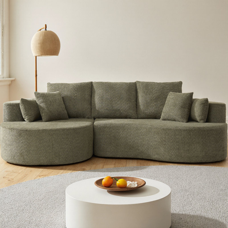 Boneless 106" Cloud Curved Sectional Boucle Sofa with Chaise Lounge, 2-Piece No Assembly Required Sofa with 7 Pillows, High-Elastic Foam Couch for Living Room and Bedroom