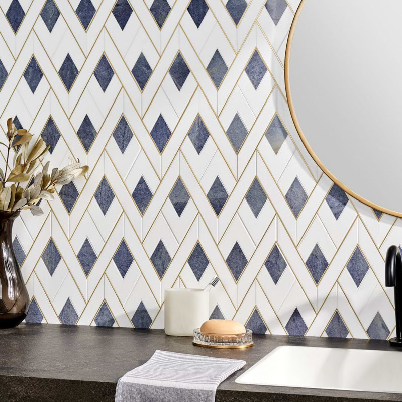 Zeta 12x16 Polished Marble and Brass Inlay Waterjet Mosaic Tile, Azul Blue