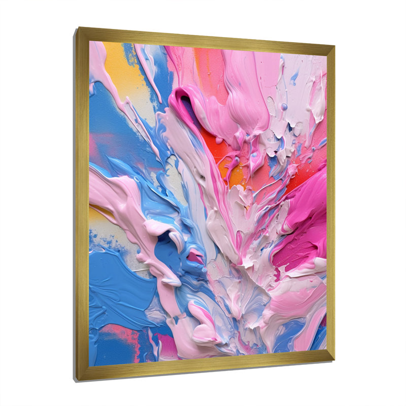 Rose, bleu, jaune, liquide, art V, H 44 po x l 34 po x P 1,5 po, Cadre doré à une seule photo