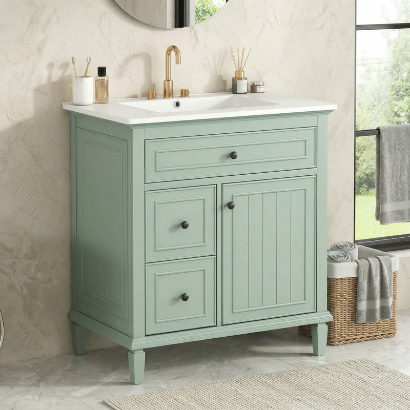 Meuble-lavabo moderne de 30 po avec lavabo en céramique, armoire en bois massif, unité de rangement à 3 tiroirs avec plateau rabattable et tablette réglable, ensemble de meuble-lavabo peu encombrant pour la salle de bain