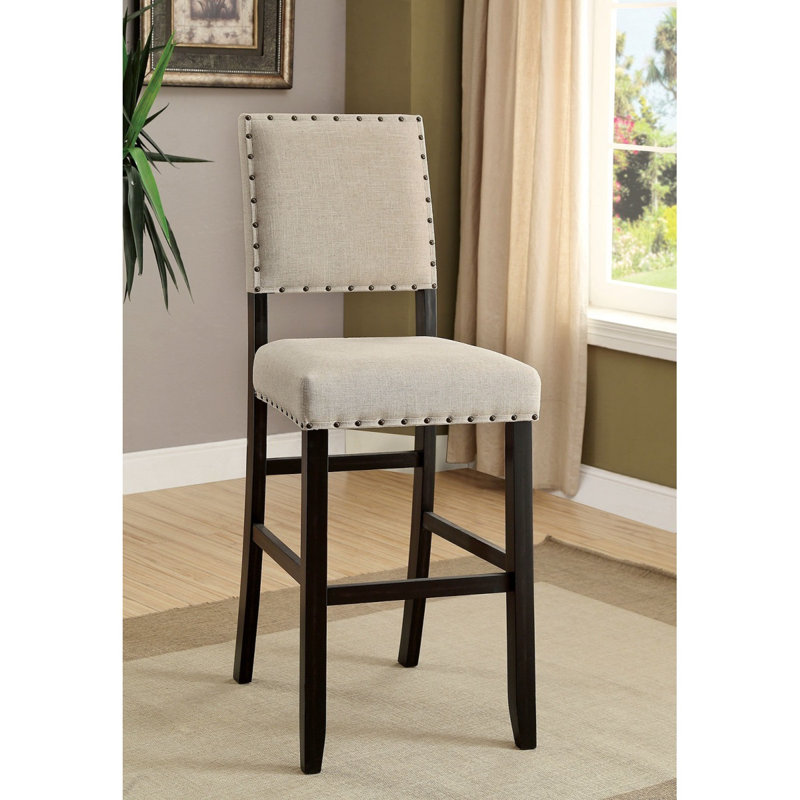 Rustic Charm Bar Chair With Ivory Linen Upholstery And Nailhead Trim, A Perfect Addition To Your Kitchen Or Bar Area.