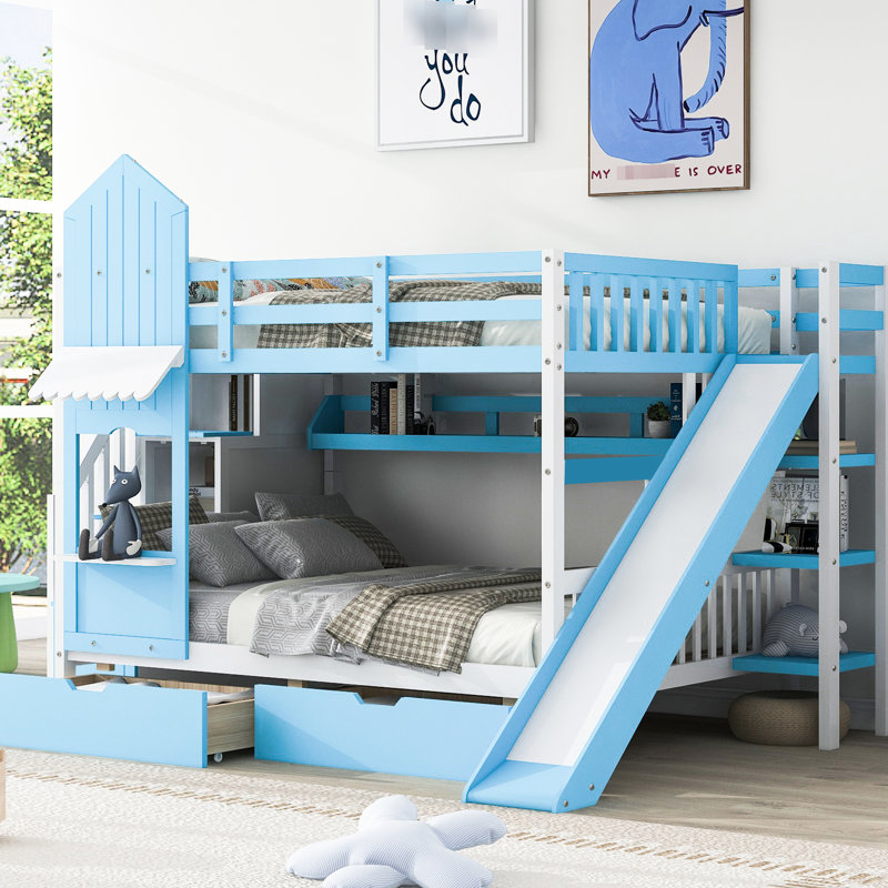Lit superposé de taille bleue avec apparence, 2 tiroirs, 3 tablettes, et en bois de pin stable, lit de style additionnel pour chambre à coucher, bleu, avec matériau en bois de qualité, idéal pour